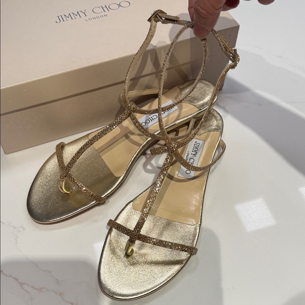 Jimmy Choo Glitter Fabric Gold Thong Sandals